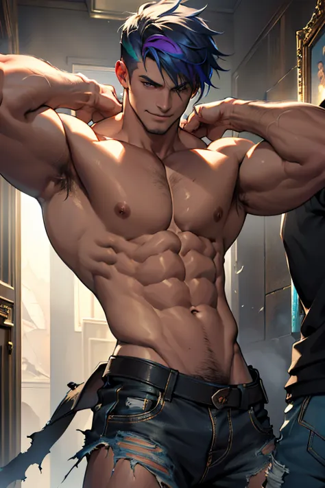 ((masterpiece)),((bestquality)),8k,high detailed,ultra-detailed, smirk,8 pack abs, torn clothes, , stylish pose, real skin textu...