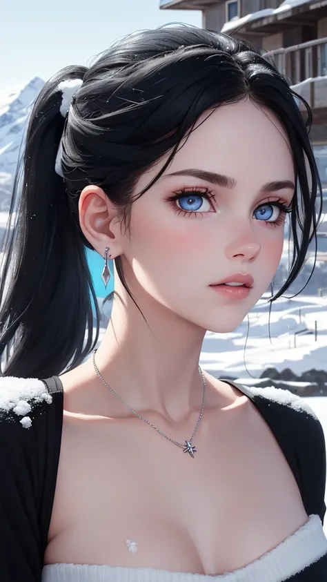 (ultra realistic, best quality, masterpiece, perfect face) black hair, long hair, pony tail, 18 year old, looking intensely at viewer, punk style clothing, black clothes, silver necklace, silver earrings, plump juicy lips, pale skin, pale blue eyes, symmet...