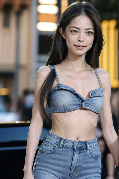 Kristin Kreuk, cabello negro(Figura alta y esbelta), The tall woman is in the dark haystack, pacas de heno por todas partes, puesta del sol, (bashful), arms behind the body, Small head, little guy_senos:1,8, top de jeans rotos, Tapa corta, cuerpo completo,...