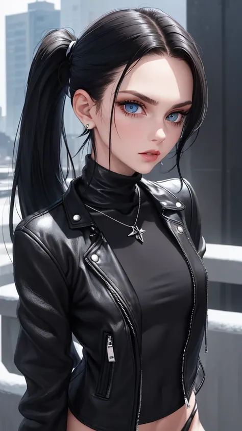 (ultra realistic, best quality, masterpiece, perfect face) black hair, long hair, pony tail, 18 year old, looking intensely at viewer, punk style clothing, black clothes, silver necklace, silver earrings, plump juicy lips, pale skin, pale blue eyes, symmet...