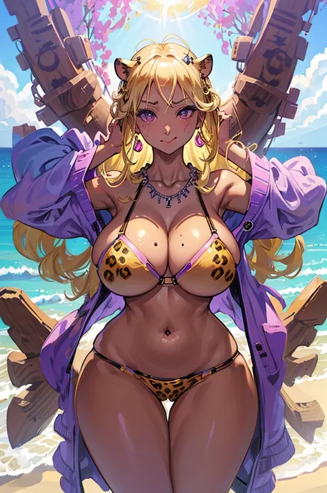 (highest quality), (masterpiece), (intricate high detailed body:1.2), gyaru, (oiled skin:1.1), 1girl, leopard print micro bikini, blonde hair, long hair, naughty face, (curvy body:1.1), (gigantic breasts:1.3), hoop earrings, necklace, mole on breast, navel...