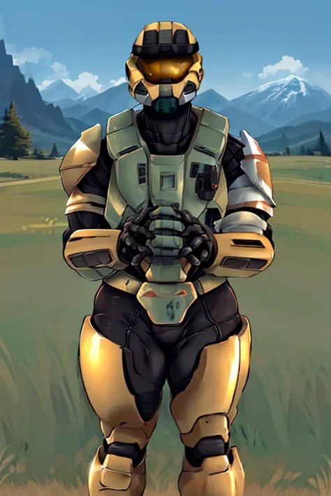 spartan, 1boy, solo, standing, helmet, faceless, armor, gloves, power armor, science fiction, crotch plate, large ass, large chest, muscular, outside, grass, mountain, showing ass, hands on waist. Red and white stripes armour