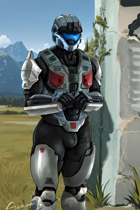 spartan, 1boy, solo, standing, helmet, faceless, armor, gloves, power armor, science fiction, crotch plate, large ass, large chest, muscular, outside, grass, mountain, showing ass, Red and white accent armour