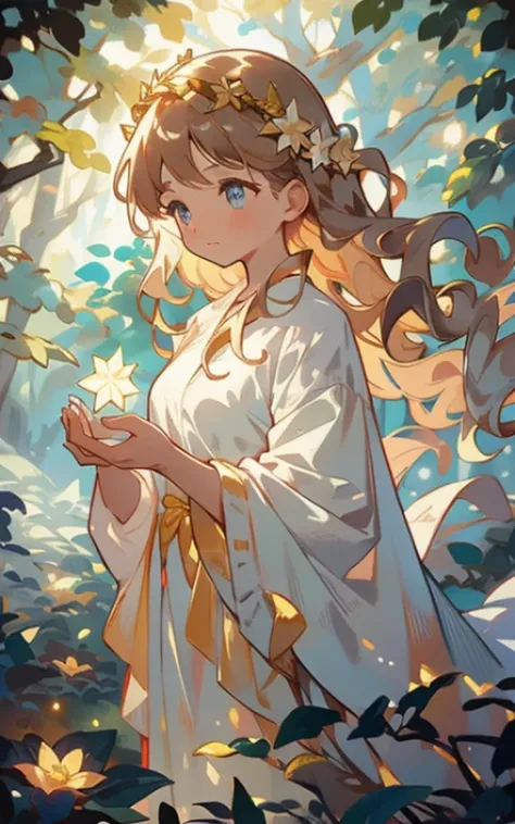 The goddess of the Secret Forest： In a mysterious forest，A goddess girl wears a gorgeous robe，Wearing a flower crown on his head，The eyes reveal wisdom and mystery。She stands in the middle of the forest，It is surrounded by green trees and a mysterious atmo...