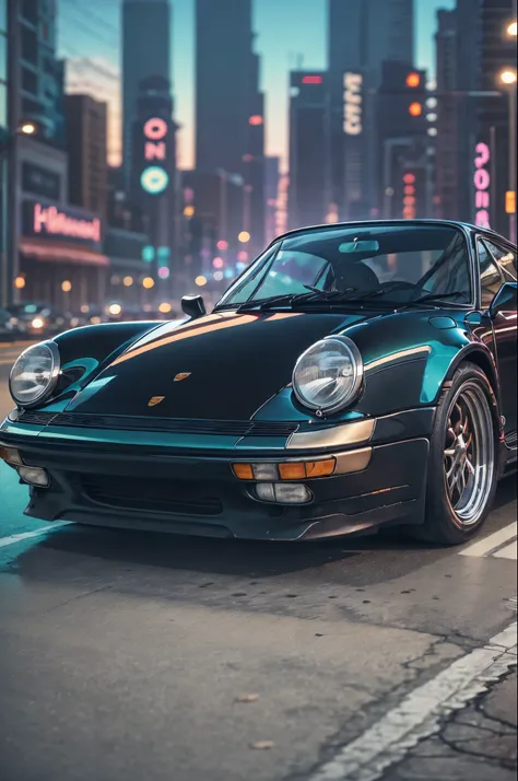 Porsche 930, black, parked on Hollywood blvd, ( cinematic, film grain:1:1) 35mm lens --auto --s2