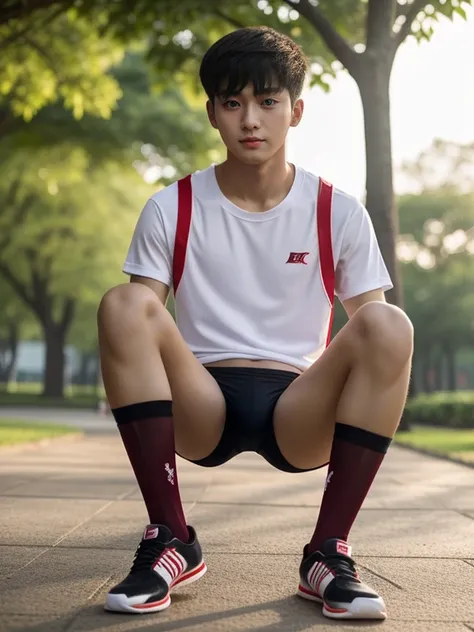 16 years old teenagers , very young , light-skin , wearing an dark red sexy underwear, tmasterpiece，k hd，the feet，Transparent sports vest，semi transparent，black long socks，The barefoot , red colour , handsome and cute , extreme cute boy , white skin , dark...