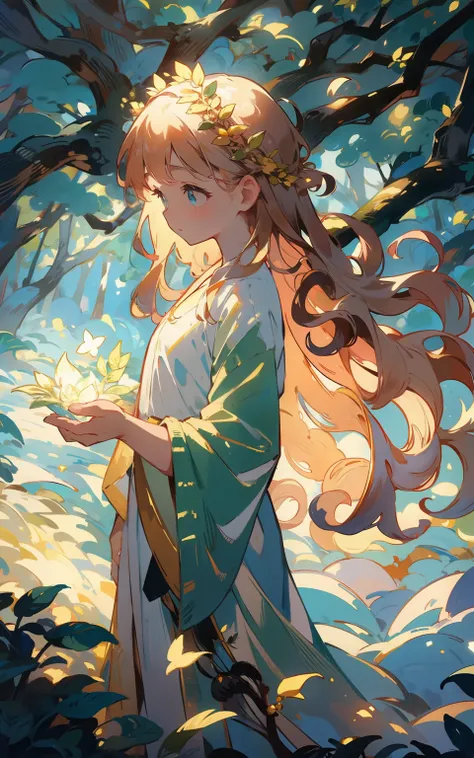 The goddess of the Secret Forest： In a mysterious forest，A goddess girl wears a gorgeous robe，Wearing a flower crown on his head，The eyes reveal wisdom and mystery。She stands in the middle of the forest，It is surrounded by green trees and a mysterious atmo...