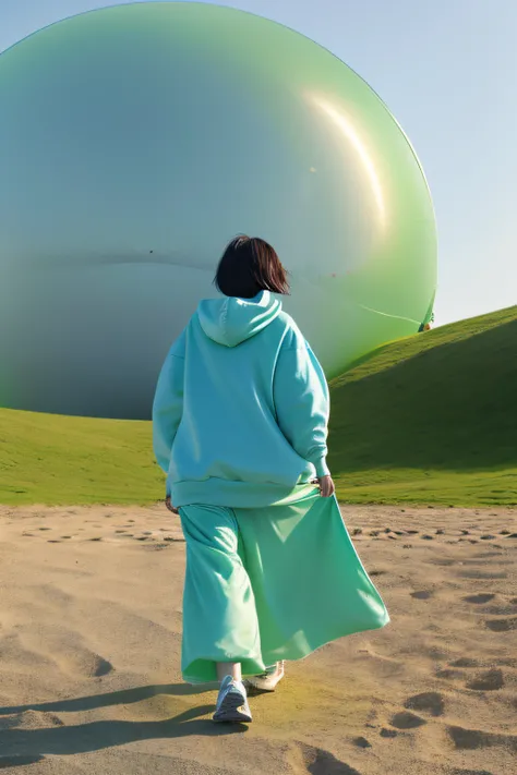 Photo of Asian girl with short hair walking in open space，Hoodies，white wide-leg pants，Surrounded by 3D giant round and spherical green mosses, Giant light blue inflatable spherical device，k hd