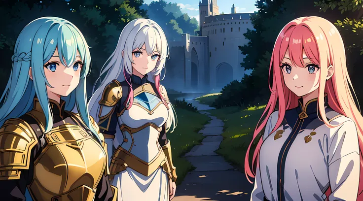 (3 moe girls), (beautiful eyes finely detailed, face to detail, multi color hair, long hair), knight armored, half body illustration, happy facial expression, smiling, talking together, walking together, the background is near the castle, masterpiece, top-...