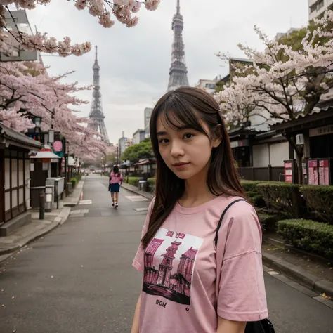 Girl wearing t-shirt Plain Fuschia color with Tokyo tower and cherry blossoms in the background