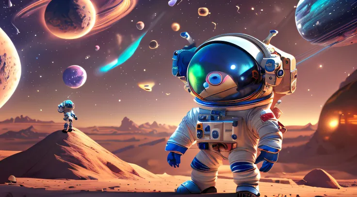 Colorful cartoon astronaut in space，Amazing space creature with planet in background 4K Little astronaut in space looking up cute 3D rendering cute detailed digital art cute robot cute digital art cute astronaut, lovely digital painting, Bipper and Jeremia...