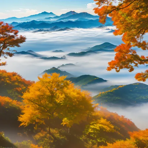 Chinese style，Ultra-wide angle of view，Beautiful view of autumn，Monte，Eau，Cloud fog，Autumn leaves，oc rendered，high high quality，8K，ultradetailed，hyper realisitc，ultra real photo，35mm camera lens，ultra - detailed