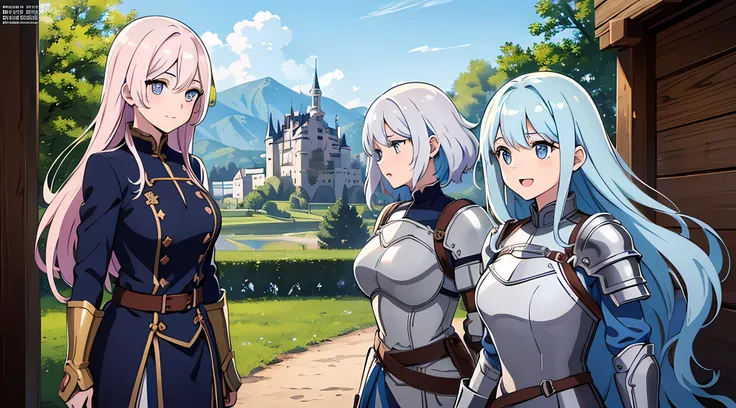 (3 moe girls), (beautiful eyes finely detailed, face to detail, multi color hair, long hair), knight armored, half body illustration, laughing together, talking together, walking together, the background is near the castle after a great war, masterpiece, t...