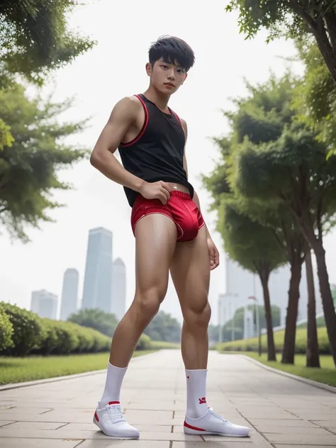 16 years old teenagers , very young , light-skin , wearing an dark red sexy underwear, tmasterpiece，k hd，the feet，Transparent sports vest，semi transparent，black long socks，The barefoot , red colour , handsome and cute , extreme cute boy , white skin , dark...