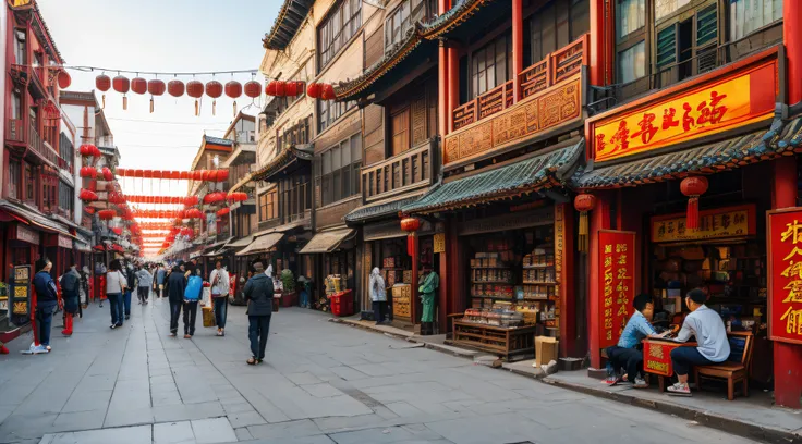 An urban street scene at daytime in a Chinatown district, with various storefronts having Chinese signage. There are people casually walking and sitting, some are conversing or looking at their phones. The buildings are older with fire escapes visible. The...