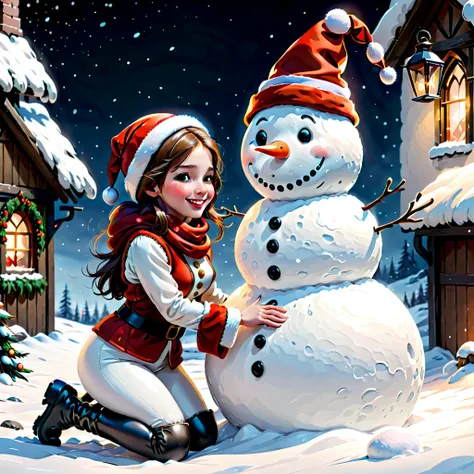 (White snow scene manuscript:1.4),(对称:1.5),(tmasterpiece，1 girl playing，Kneel on the snow and build a snowman with your hands: 1.5, middle, European Christmas elements)，(Snowman wearing Christmas hat: 1.3),（UK - Chic Illustration:1.2, Vector painting:1.2),...