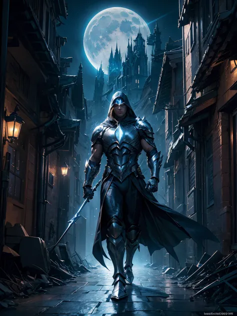 (best quality,4k,8k,highres,masterpiece:1.2),ultra-detailed,(realistic,photorealistic,photo-realistic:1.37),moon knight in moon light,digital painting,moonlit sky,charismatic warrior,strong and muscular body,crescent moon symbol,glowing white eyes,silver a...