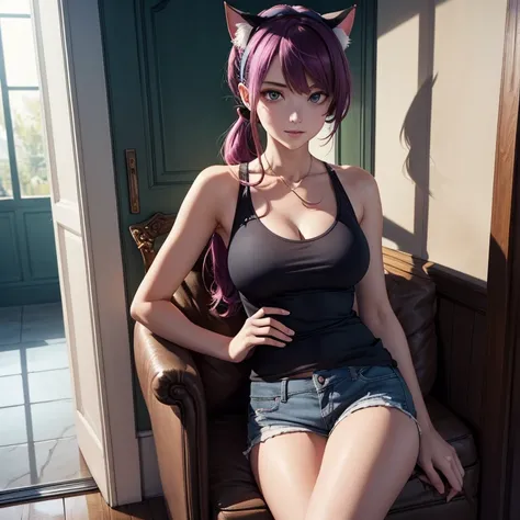 une femme adulte avec des lunettes dans une salle de sport, wearing shorts,  long socks, Snickers, sweats, bottle of water, Bending in front of camera , cat ears, Dark and purple hair (ponytails) , cheveux noirs et mèches violettes, oreilles de chat sur la...