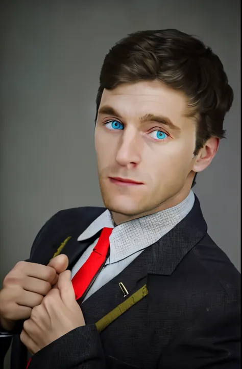 man in jacket, shirt, red tie, cyan eyes, looks young, slightly unshaven