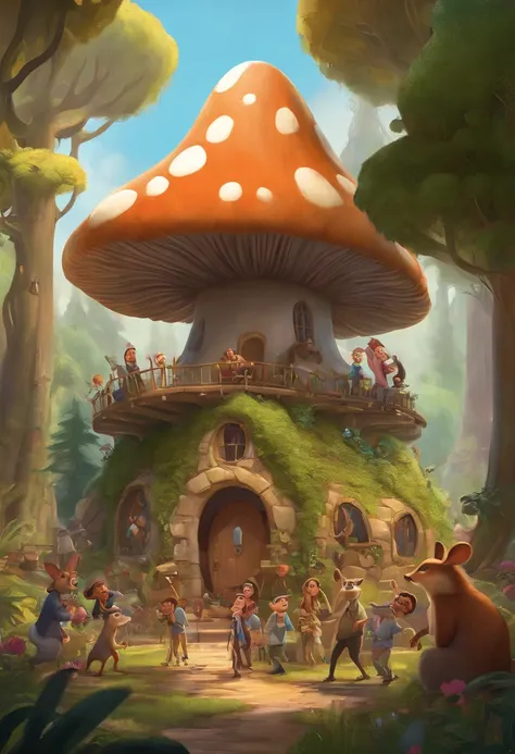 Cartoon illustration of a group of people in the forest with a huge mushroom house, zootopia concept art, flying trees and park items, Concept art is very detailed, Battle of the Treehouse, amusement park interior design, concept art by disney, published a...