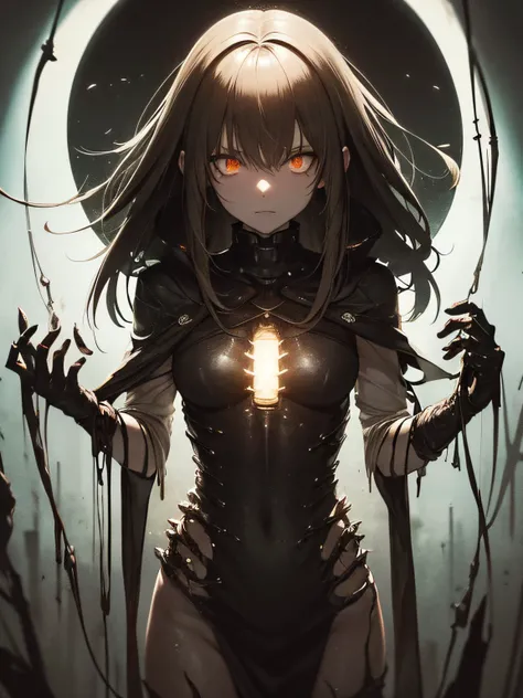 ((biopunk art)), ((biopunk atmosphere)), (beautiful biopunk anime girl), (radiant skin), steel sharp teeths, lamp glowing eyes, very long brown hair, short insect clothing, symbolizes with hands, gloomy sign, gloomy cold lighting, (scorn videogame style), ...