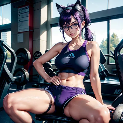 une femme adulte avec des lunettes dans une salle de sport, wearing sport shorts , long socks, Snickers, sweats, bottle of water, cat ears, Dark and purple hair (ponytails) , cheveux noirs et mèches violettes, oreilles de chat sur la tête, belle poitrine ,...