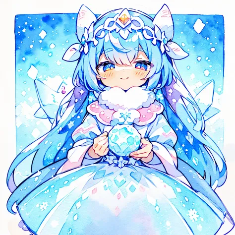 A smile、Ice fairy flying in powder snow. Beautiful face and brightly colored glowing eyes. She wears a costume decorated with snow and ice crystals..... Fantastic ice flowers blooming on a snowy field. Detailed drawing. Vivid colors. High image quality.fro...