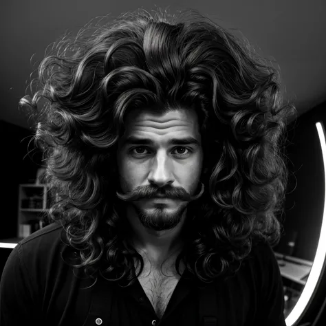 photographer,man,age,30,Fair-skinned,long-haired,big curly hair,There is a slight mustache.,holding a sony camera,In the middle of a black and white room,sunny