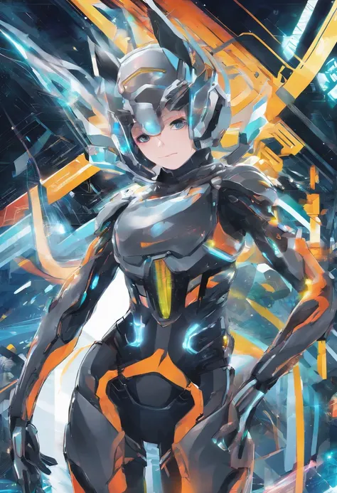 (female Protogen),cyberpunk,mechanical,glowing eyes,metallic surface,digital display,advanced technology,futuristic,neon lights,electromagnetic field,sharp edges,streamlined design,digital organism,biomechanical,mysterious atmosphere,glass visor,enhanced s...