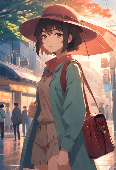 Girl in hat，There&#39;s blood on the hat，wearing satchel，There is an umbrella in the satchel，The other hand holds a bag，There is a human hand in the bag