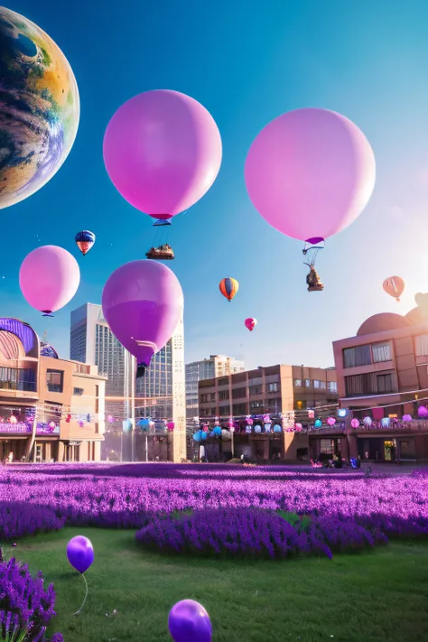 BTS as a motif、Purple is the keynote、A bright daytime city with floating balloons, soap bubbles, and planets, a fantasy with a bright and soft atmosphere.。Create landscapes that both children and adults can enjoy using horizontal images。