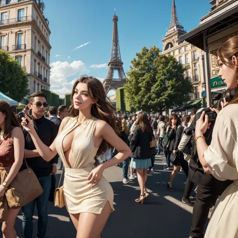 a scene in a crowded France with a beautiful fashionable young woman: "Generates a vibrant visual representation of a stunning young woman at the Eiffel Tower in France. This captivating figure features deep, mesmerizing green eyes that reflect the infinit...