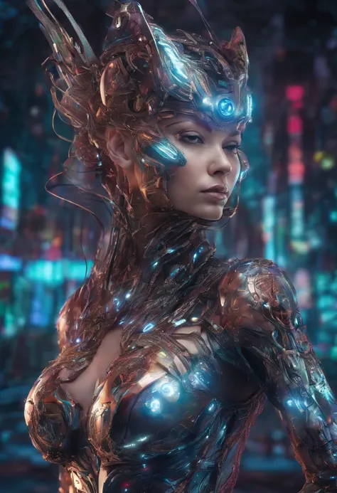 photo Raw, realistic, realism, Super detail, (female Protogen),cyberpunk,mechanical,glowing eyes,metallic surface,digital display,advanced technology,futuristic,neon lights,electromagnetic field,sharp edges,streamlined design,digital organism,biomechanical...