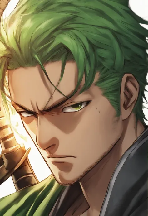 1boy, wanostyle, roronoa zoro, angry looking, katana,  (one eye closed),  scar across eye,  green hair. solo, upper body, (((masterpiece))), ((best quality)), (extremely detailed), watercolor, illustration, depth of field, sketch, dark intense shadows, sha...