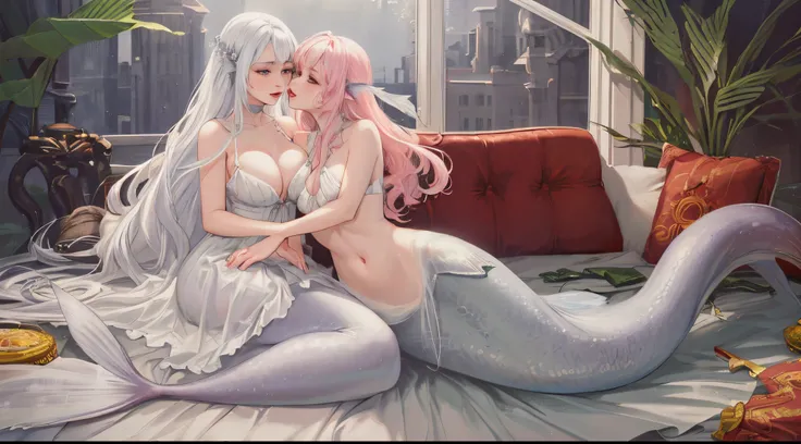 two mermaids, masterpiece, high quality, sharp focus, perfect face, perfect jawline, textured skin, beautiful lips, sunbeams, warm lighting, cool atmosphere, 8k, uhd, absurdres, Dynamic hair, Long straight hair, Delicate platinum-pink hair, two beautiful w...