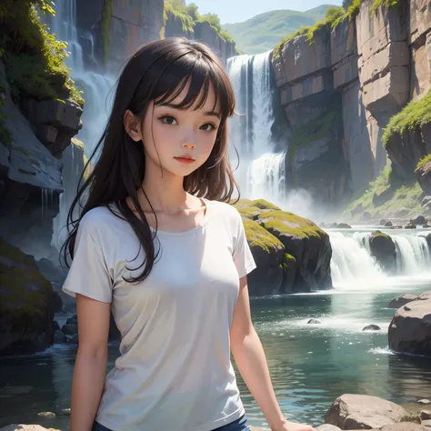 Girl wearing a plain t-shirt with a waterfall in the background