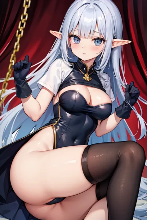 elven girl,hanging, restraint,silver long hair ,large breast,BREAK,navy polyester low-legs leotard,cutout between underboob,black short sleeves,BREAK,boots,red long gloves