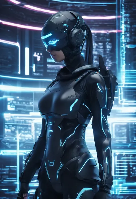 photo Raw, realistic, realism, Super detail, (female Protogen),cyberpunk,mechanical,glowing eyes,metallic surface,digital display,advanced technology,futuristic,neon lights,electromagnetic field,sharp edges,streamlined design,digital organism,biomechanical...