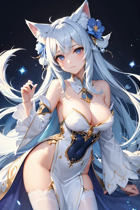 {{masterpiece}},{{best quality}},Illustration,perfect portrait of 1 girl, perfect detailed seductive eyes), multicolored hair,(gradient hair), (white+blue pastel hair),(fox ears),slender figure, fantasy background, {bare shoulders},{long detached_sleeves},...