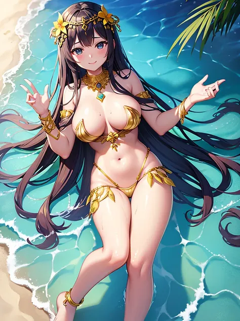 Hawaiian Mythology、goddes、She wears golden ornaments all over her body、Naked except for accessories、sand beach、large full breasts、Raka、hula、Constricted hips、beckoning and smiling、My body is wet with seawater、full bodyesbian