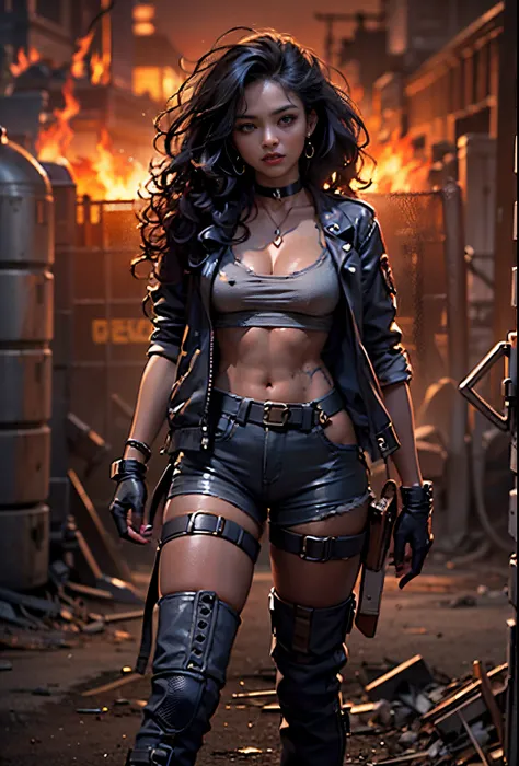 NSFW, ((21-year-old))), black girl, (((light skin))), (((full body pose))),  (((long curly black hair))), (((wearing minimal clothes))), (((submissive girl))), (((metal choker))), (((post apocalyptic scene, fire, death))), dark fantasy, (((thigh gap with c...