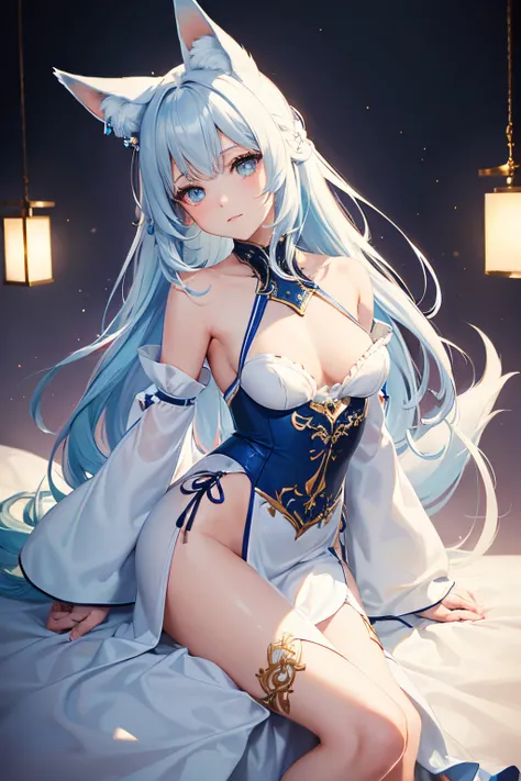 {{masterpiece}},{{best quality}},Illustration,perfect portrait of 1 girl, perfect detailed seductive eyes), multicolored hair,(gradient hair), (white+blue pastel hair),(fox ears),slender figure, fantasy background, {bare shoulders},{long detached_sleeves},...