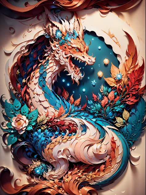 (((tmasterpiece))),Best quality, illuminations, Detailed intricate pattern of Chinese dragon on down paper，Overall color is reddish