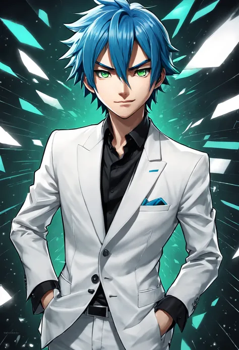 tmasterpiece, Best quality at best, ((1人)),Blue hair,green-eyed,serious expressions, Smiling,above waist,line art,Medium hair,white suit jacket,black t-shirts,Expressionless eyes,((Kubo Titi style))