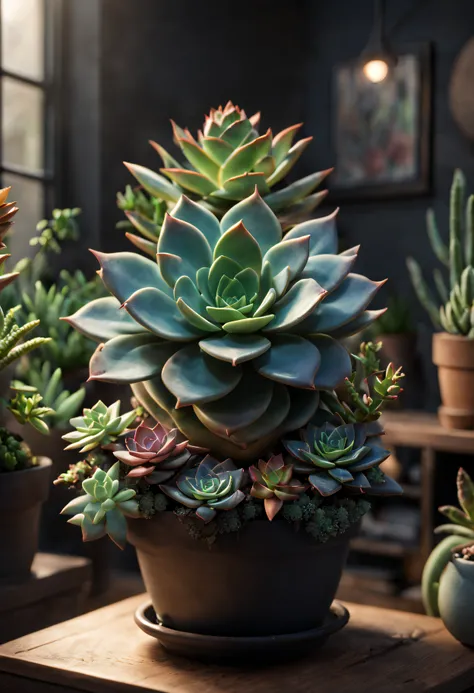 (Photorealistic, 3D, octane rendered, 8k, 4k, high quality, high resolution, high definition, realistic, best quality, volumetric lighting, cinematic lighting, natural colour scheme, contrast, coloured, very detailed:1.2), (succulent plant echeveria:1.4), ...