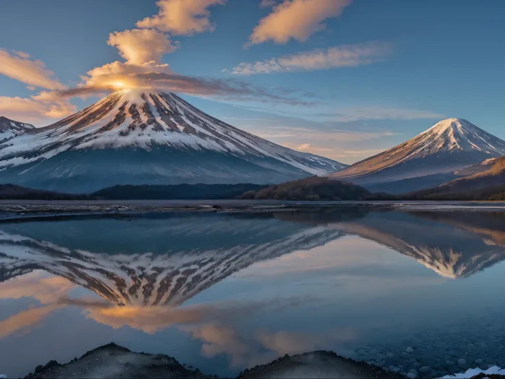 mountain, landscape, lake, sky, volcano, fuji, nature, sunset, japan, water, snow, mountains, travel, peak, sunrise, mount, clouds, cloud, sun, mt, view, japanese, asia, reflection, forest