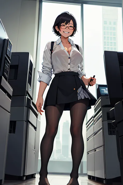 Asian female, wearing short skirt, pantyhose, not wearing shoes, no shoes, tight button down shirt , glasses, big tits, standing at copy machine、modern office, huge windows. cityscape, smiling,