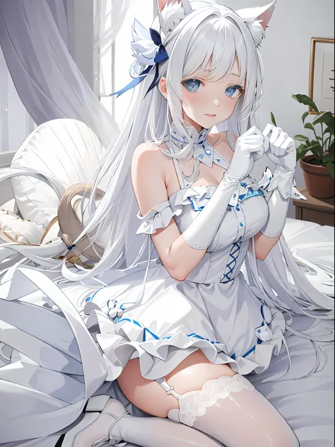 Lazy wind，wide blue eyes，White hair，Dull hair，Beast-eared maiden，White tones，sitted，1girll，Solo，adolable，white dresses，Big hazy eyes，Facial details are exquisite，Beth，onbed，Impeccable，Cute pose，Plush cats paw gloves，Shy laugh，The complexion is reddish，Whit...