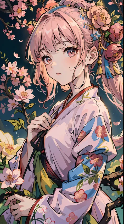 ((Masterpiece)),((Best Quality)),8K, High Detailed, Ultra-Detailed, a beautiful scenery with peach blossoms in full bloom, and in the center of it stands a stunning ((Hanfu)) clad girl. Her dress is a light pink color with delicate floral patterns, and her...