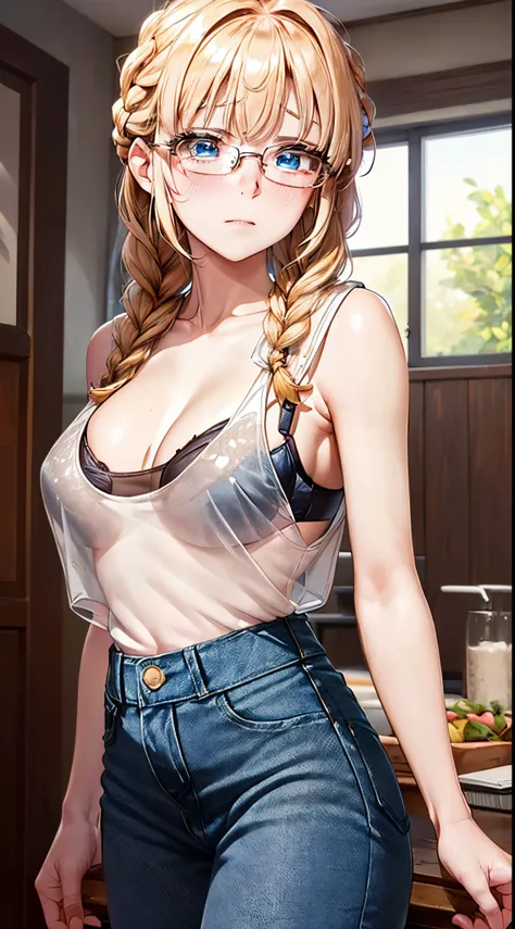 1womanl,Golden head hair, ,((Impatient expression)),Beautiful breasts,,well-styled,,(Facing the front)(((Blushing cheeks、Surprised look)),(((Braids))),((( Upper body portrait)))Frameless glasses,Blue eyes,(((Bangs are aligned)))(())(((Sexy Bra))),(((See-th...